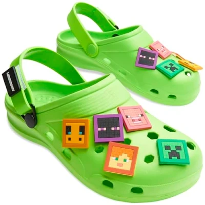 Image of Minecraft Boys Clogs, Kids Summer Shoes for Garden, Beach, Pool Holiday Essentials Gamer Gifts (Green Charms, 1.5 2.5 UK)
