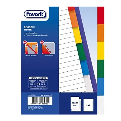 Image of Favorit 100500802 Universal Hole Dividers for Ring Binders with 6 Colored Neutral Notches, Internal Size A5, Polypropylene (Non Toxic Plastic)