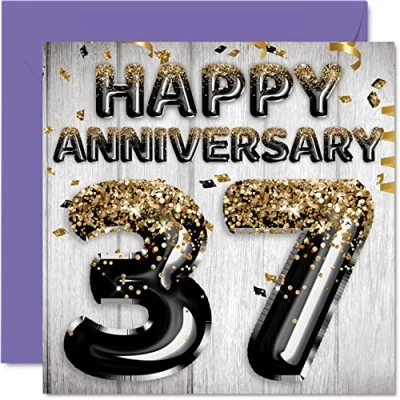 Image of Awesome 37th Anniversary Card for Husband Boyfriend Wife Girlfriend Black Gold Glitter Balloon Happy 37 Cards from Family, 145mm x Greeting Thirty Seventh Anniversaries