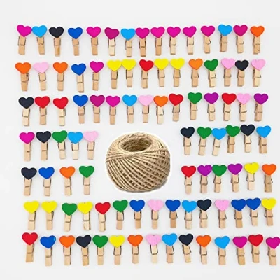 Image of 100 pcs Mini Wooden Heart Pegs, Colorful Clothespins, Wood Shape Pegs Photo Paper Clips with 30 Meters Jute Twine for DIY Arts and Crafts, Weddings Events Decorations