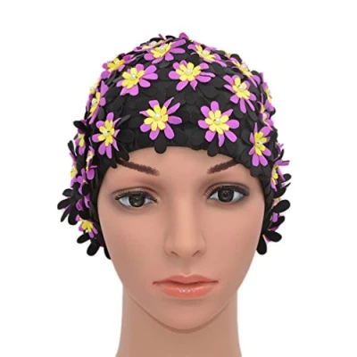 Image of Medifier Swim cap Floral Petal Retro Style Bathing Caps for Women Black