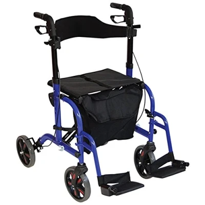 Image of Aidapt Duo Deluxe Blue Folding Light Weight 4 Wheeled Rollator Transit Chair Mobility Aid with Seat, Foot Plates, Carry Bag, Lockable Brakes and Puncture Proof Tyres for Indoor Outdoor use.