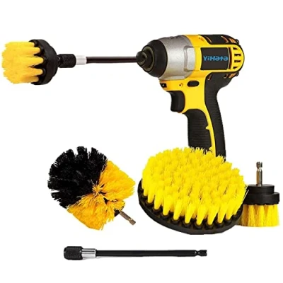 Image of YIHATA Drill Brush Cleaning Brushes Set, 4 Pack Extended Long Attachment Power Scrubber for Cleaning, Great Car Carpet Floor Bathroom Toilet Kitchen Ceramic Surface Yellow