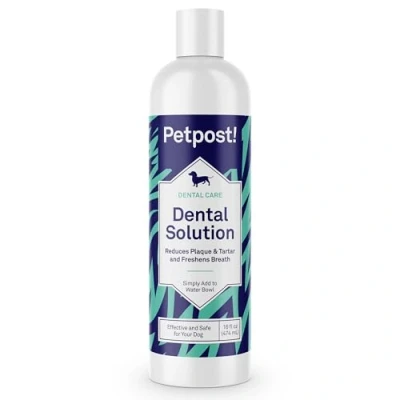 Image of Petpost Dental Solution for Dogs Water Additive That Eliminates Bad Breath Dirt, Gunk, and Tooth Buildup Gone Natural Cleaning 474 ml