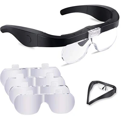 Image of OBOVO Head Magnifier Glasses with 2 LED Lights, USB Charging Handsfree Magnifying Eyeglasses for Reading Craft Watch Repair Hobby, Detachable Lenses 1.5X, 2.5X, 3.5X,5X