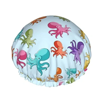 Image of Colorful Octopus Shower Cap Waterproof Luxury Caps for Women Reusable Bath Hair Fashion Hat with Elastic Easy to Wear