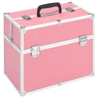 Image of vidaXL Portable Makeup Case Pink Aluminium Beauty Box with Extendable top and Trays, Wood ABS Sheeting, Lockable, Carry Handle.