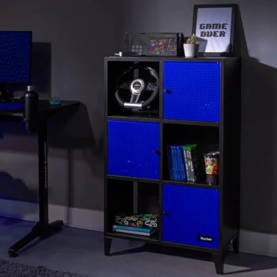 Image of X Rocker Mesh Tek Tall 6 Cube Storage Unit, Bookcase Display Cabinet with 3 Cupboard Doors and Shelves, Metal Sideboard Locker Black &amp; Blue