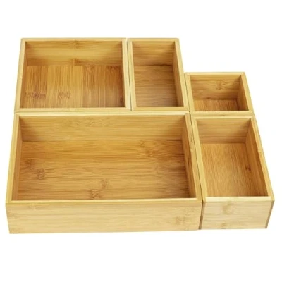 Image of VaeFae 5 Piece Bamboo Drawer Organiser, Organizer Box, Multi use Wooden Dividers for Kitchen, Bathroom, Office Desk, Bedroom and Living Room