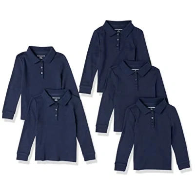 Image of Amazon Essentials Girls&#039; Long Sleeve Interlock Polo Shirts, Pack of 5, Navy, 8 Years