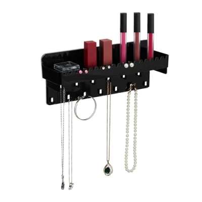 Image of Relaxdays Jewellery Holder, Adhesive, for Necklaces, Earrings &amp; Bracelets, with Shelf, HxWxD: 12 x 30 8 cm, Black