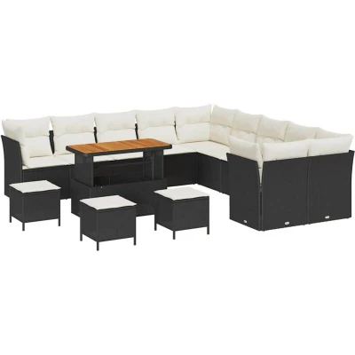 Image of vidaXL 14 Piece Garden Sofa Set with Cushions Black Poly Rattan Acacia