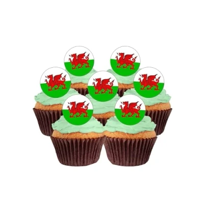 Image of 24 Precut Welsh Wales Flag Edible Wafer paper Cake Toppers Decorations
