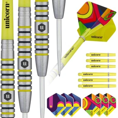 Image of Unicorn Professional Darts Set Flair 4 80% Natural Tungsten Barrels with Black &amp; Yellow Accents Laser Etched U Logo Hallmark Steel Tip 23 g Extra Flights Shafts