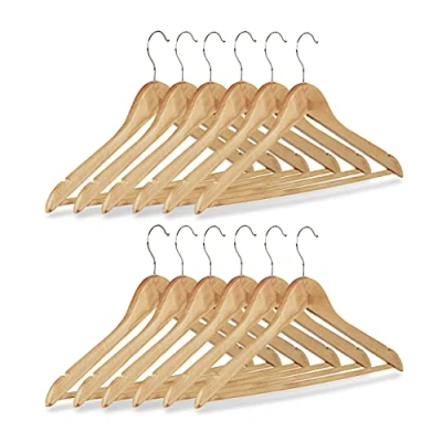 Image of Relaxdays Coat Hanger Set, Wooden Trouser Hangers, Clothes Hangers with Swivel Hooks H x W: 22.5 44.5 cm, Natural, Various Sets