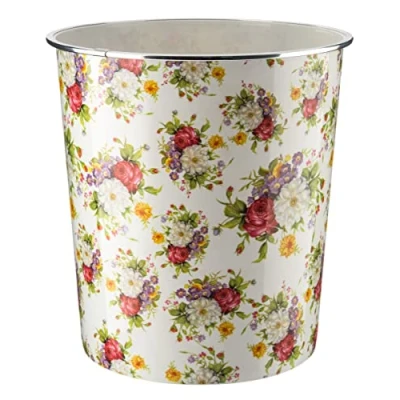 Image of Homeshopa Plastic Waste Paper Basket Bin, Floral Retro Round Trash Can, Lightweight Recycling Rubbish Bin for Kitchen, Bedroom, Bathroom, Open Top Garbage Dustbin, 7.7 Litre (White 1)