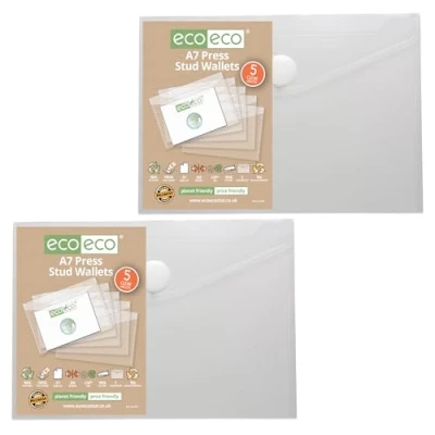 Image of eco A7 95% Recycled Clear Press Stud Popper Wallet, Plastic Folders (Pack of 10), eco154x2