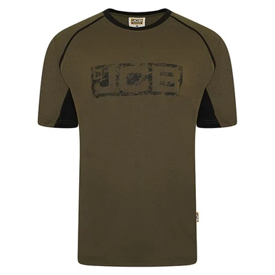 Image of JCB Workwear Trade Work T Shirt Mens for Distressed Logo Contrast Accents 100% Cotton Olive/Black Size XL