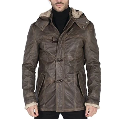 Image of TruClothing Men&#039;s Trenchcoat Jacket Outwear Windproof Winter Parka Real Leather Jackets Coat Fleece Hood Brown M