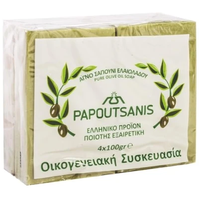 Image of Green Pure Olive Oil Soap Greek Traditional &quot;Papoutsanis&quot; Pack of 4 Soaps x 100g