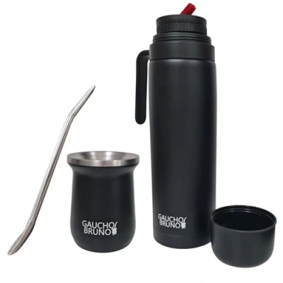 Image of Gaucho Bruno Stainless Steel Industrial Kit for Drinking Yerba Mate, Bombilla Straw and 1 Litre Easy to Clean Comfortable Hold Warm Longer, Black