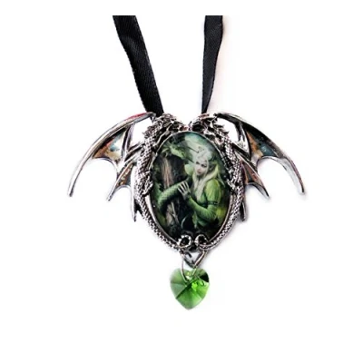 Image of Kindred Spirits Dragon Cameo Oval Cabochon Style Pendant Necklace in Double Winged Setting with Heart Manmade Crystal Dropper, Ribboned Artwork by Anne Stokes