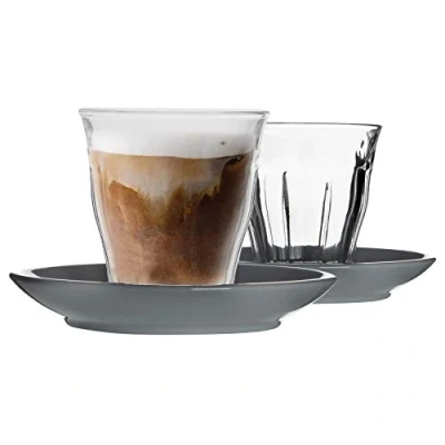 Image of 6x Grey 200ml Picardie Glass Coffee Cups &amp; Saucers Set By Duralex