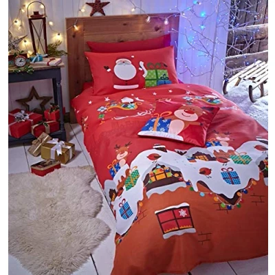 Image of Catherine Lansfield Santa&#039;s Christmas Presents Reversible Double Duvet Cover Set with Pillowcases Red