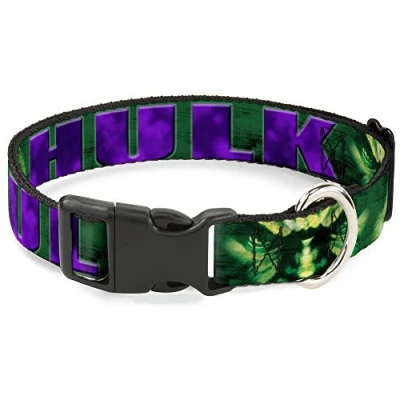 Image of Buckle Down Plastic Clip Collar HULK Face CLOSE UP/Action Pose Greens/Purples