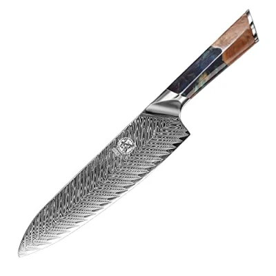 Image of MITSUMOTO SAKARI Japanese Damascus Chef Knife, Professional Hand Forged VG 10 Santoku 8.5 inch Ultra Sharp Sushi Kitchen Knife (Nanmu Handle &amp; Sandalwood Box)