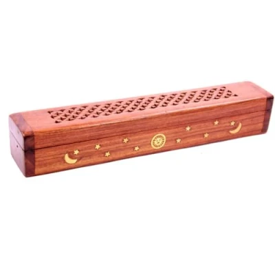 Image of Sheesham Wood Incense Box with Brass Inlay Sun Moon and Stars