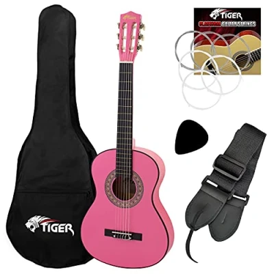 Image of Tiger Left Handed 1/2 Size Pink Kids Classical Spanish Guitar Package