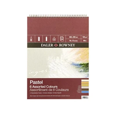 Image of Daler Rowney Ingres 16gsm 16 x 12in Pastel Paper Spiral Pad, Laid Texture, 6 Assorted Colours, 24 Sheets, Ideal for Professional Artists &amp; Students