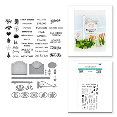 Image of Spellbinders Welcome Sign &amp; Sentiments Die Set from The Country Garden Collection Clear Stamps by Annie Williams, Metal, ONE