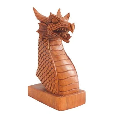 Image of Brave Wings Hand Carved Wooden Dragon Bust 24cm High OOAK Ornament Sculpture Figurine Statue Unique Table Decoration Home Decor Gift for Christmas and Birthdays 4586