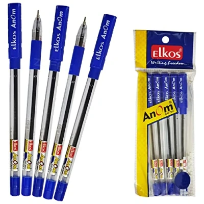 Image of ELKOS Anom Ballpoint Pens, BLUE, 0.7mm Fine Point, Pack of 5, Smooth Biros Ball Soft Grip, School Office Home Use, ZOFAX Black Pen