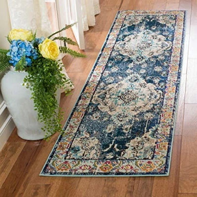 Image of SAFAVIEH Boho Chic Rug for Living Room, Dining Bedroom Monaco Collection, Short Pile, in Navy and Light Blue, 66 X 244 cm