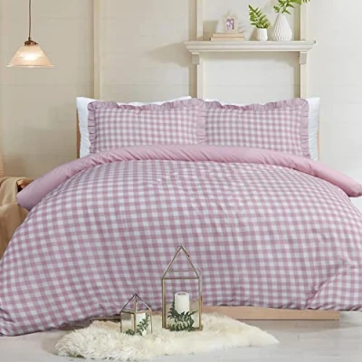 Image of Sleepdown Gingham Check Blush Pink Plain Reverse Soft Easy Care Duvet Cover Quilt Bedding Set With Ruffle Edge Pillowcases King (230cm x 220cm)