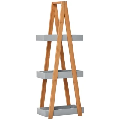 Image of kleankin Bathroom Storage Shelves, 3 Tier Slim Shelving Unit, Freestanding Bamboo Shelf A Frame Space Saver Toilet Rack, Natural