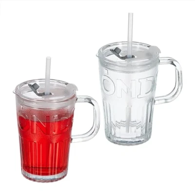 Image of Relaxdays Set of 2 Cups, Drinking Glasses with Lid &amp; Straw Handle, Vol. 450 ml, Transparent, 13 x 8.5 cm