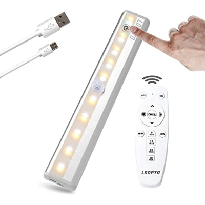 Image of LDOPTO Under Cabinet Kitchen Lights with Remote Control 1 Pack, USB Rechargeable Wireless LED Cupboard Battery Operated Wall for Wardrobe Shelves Hallway Stairs, 3 Colors