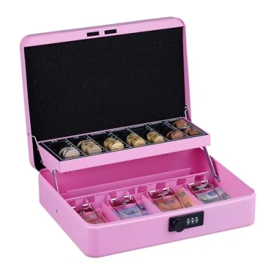 Image of Relaxdays Cash Box, 3 Digit Combination Coin, Coin Insert, Iron Money H x W D: 8.5 30.5 25 cm, Pink