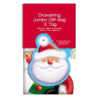 Image of Jumbo Santa Sack Drawstring Gift Bag &amp; Tag Claus Design Xmas Eve Presents 46 x 70cm