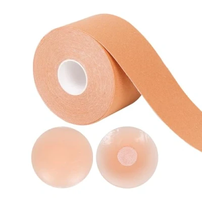 Image of Albert Austin Boob Tape with 2 Soft Reusable Silicone Nipple Covers 7M Long Adhesive Tit Skin Friendly Booby Fits All Breast Sizes Bra Lift Under Clothing Strapless Backless