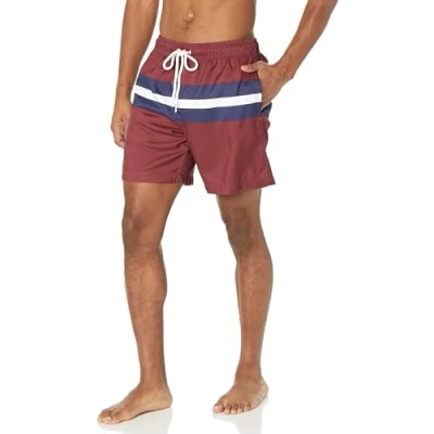 Image of Amazon Essentials Men&#039;s 7&quot; Quick Dry Swimming Trunks Discontinued Colours, Burgundy Navy Stripes, S