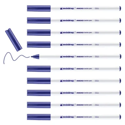 Image of edding 4600 textile pen blue box of 10 round nib 1 mm permanent fabric pens for drawing on textiles, wash resistant to 60 C