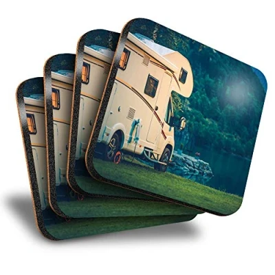 Image of Destination Vinyl ltd Great Coasters (Set of 4) Square Camper Van Motorhome Camping Drink Glossy Coasters/Tabletop Protection for Any Table Type #16466