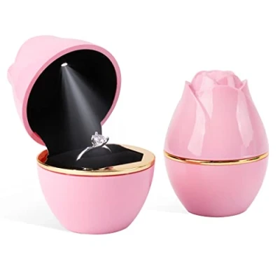 Image of Rolin Roly Pink Ring Box with LED Light Rose Jewelry Case Jewellry Display Gift Boxes for Proposal Wedding Ceremony Engagement Anniversary