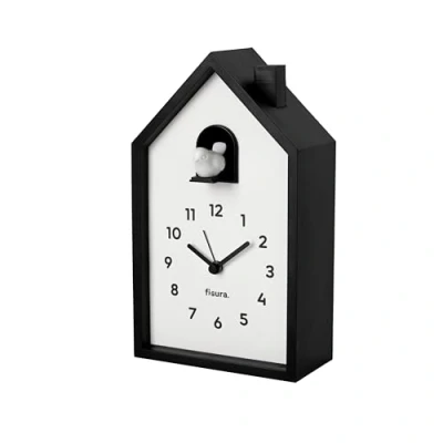 Image of Fisura Cuckoo alarm clock house in black and white, bedside table clock, original analog with hands, snooze button, light, Powered by 3 AA batteries (not included)