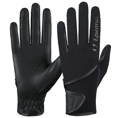 Image of AFE Ladies Horse Riding Gloves Track Fabric Synthetic Leather Equestrian Black Stretch Thermal Lined (Small)